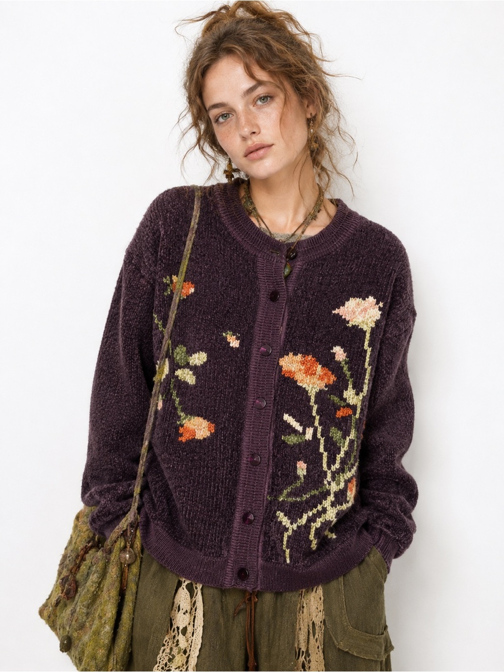 Grannycore Boho Plum Chenille Floral Knit Cardigan Jacket Cozycore Cottagecore